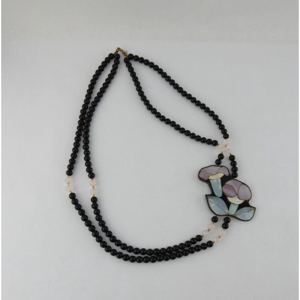 Anne Gee Black Beaded Mother Of Pearl Floral Statement Necklace - Picture 5 of 10
